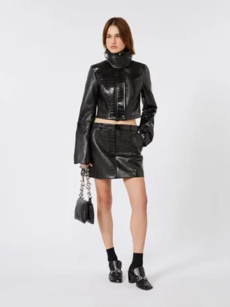 Alligator-look patent leather mini skirt, black