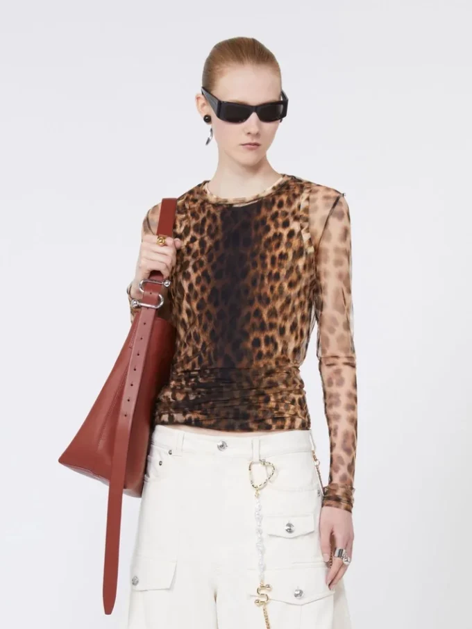 Animal-print bi-material top, beige shaded