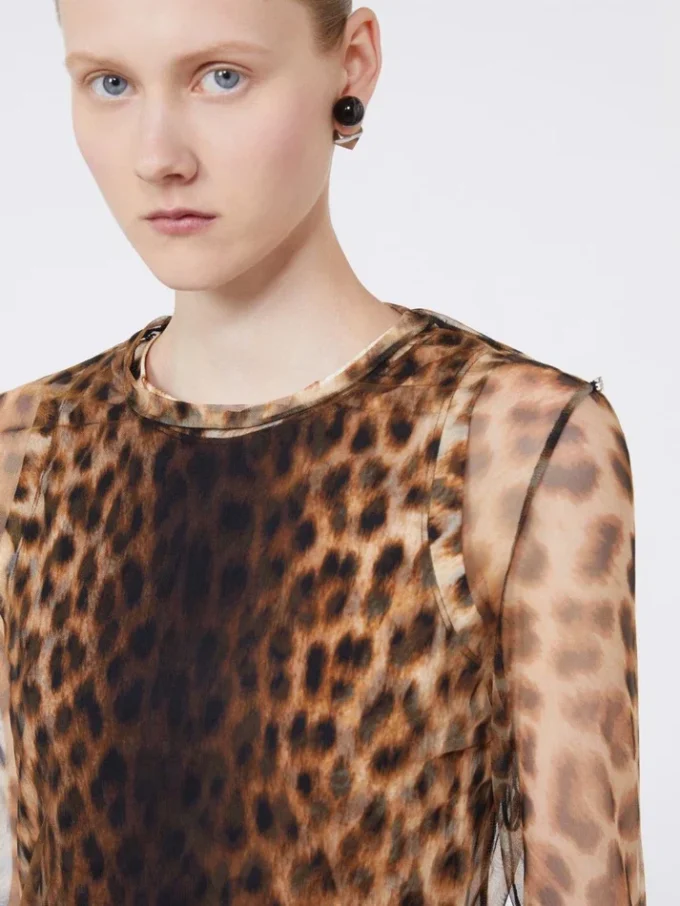 Animal-print bi-material top, beige shaded