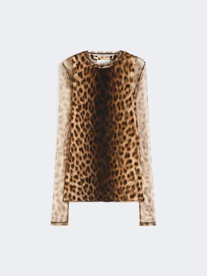 Animal-print bi-material top, beige shaded