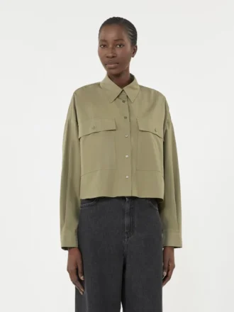 Asymmetrical washed cotton shirt, kaki
