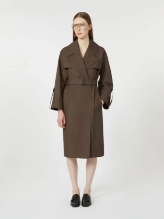 Belted water-repellent twill trench coat, chocolate