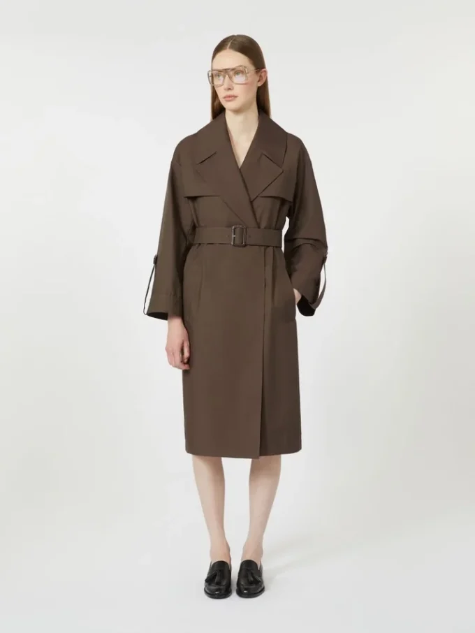 Belted water-repellent twill trench coat, chocolate