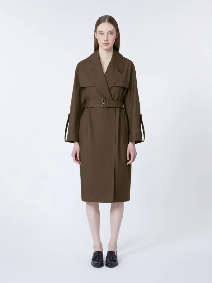 Belted water-repellent twill trench coat, chocolate