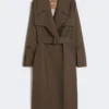 Belted water-repellent twill trench coat, chocolate