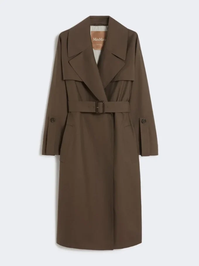 Belted water-repellent twill trench coat, chocolate