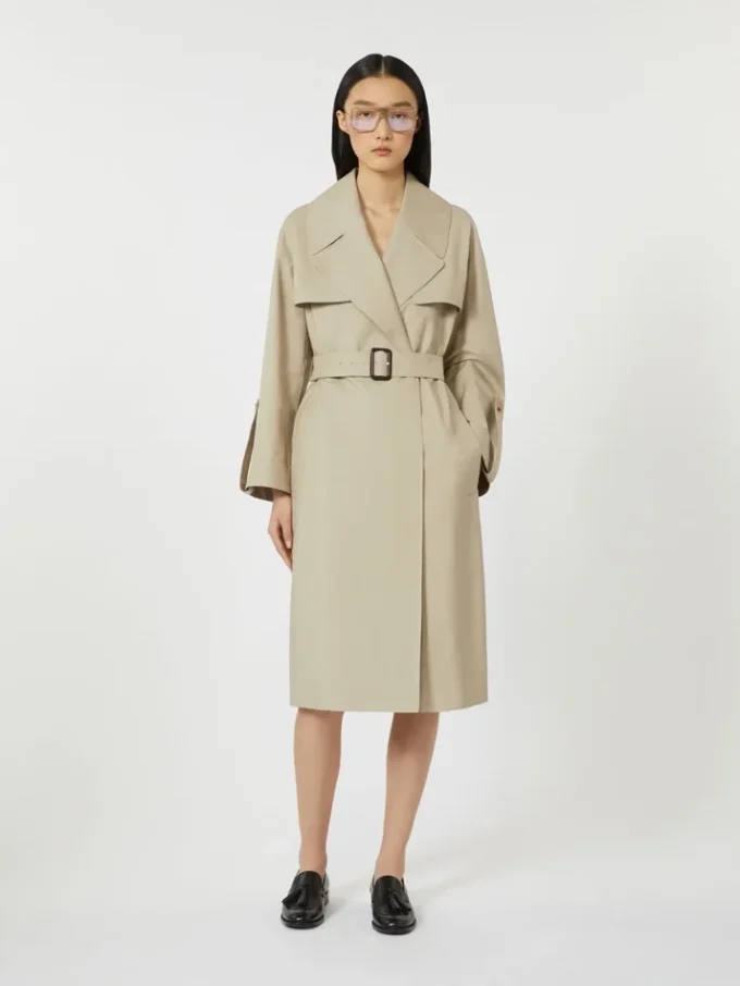 Belted water-repellent twill trench coat, sand