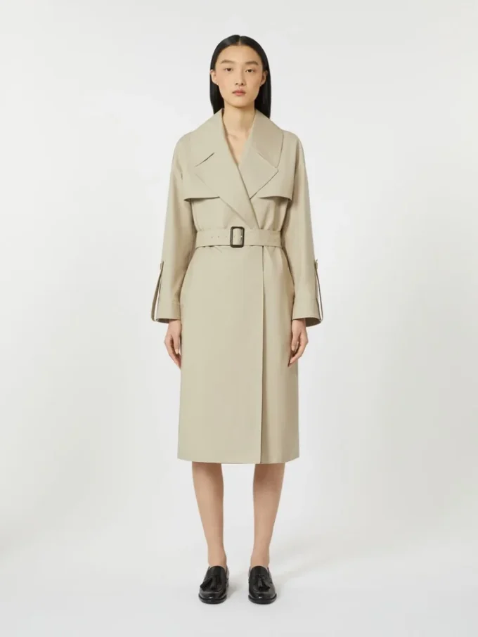 Belted water-repellent twill trench coat, sand