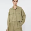 Boxy cotton panama shirt, olive green