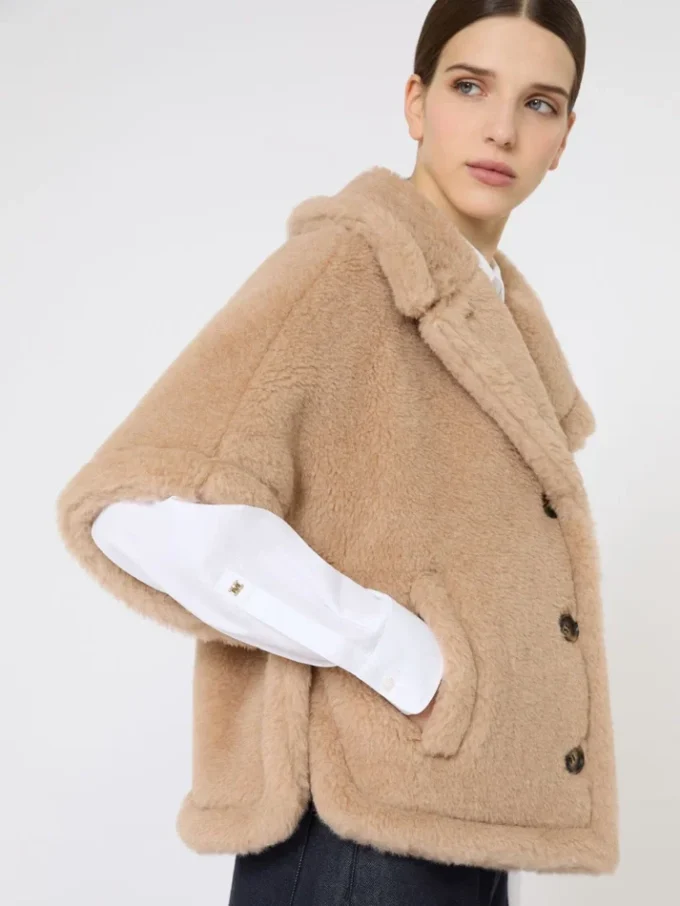 Boxy-fit alpaca and cashmere teddy fabric cape, beige