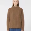 Cable-knit wool and cashmere polo-neck sweater, mud