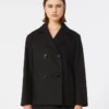 Cotton and linen basketweave pea coat, black