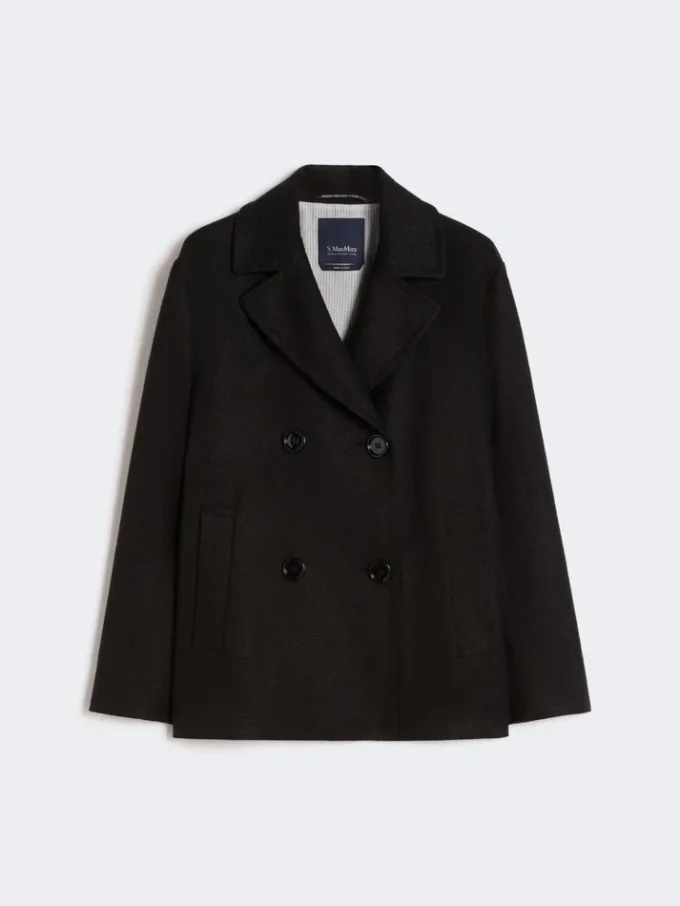 Cotton and linen basketweave pea coat, black