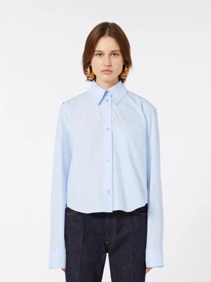 Cotton cropped shirt with pleated back, light blue