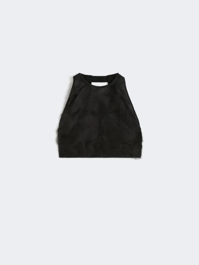 Crop top in silk fil coupa jacquard, black