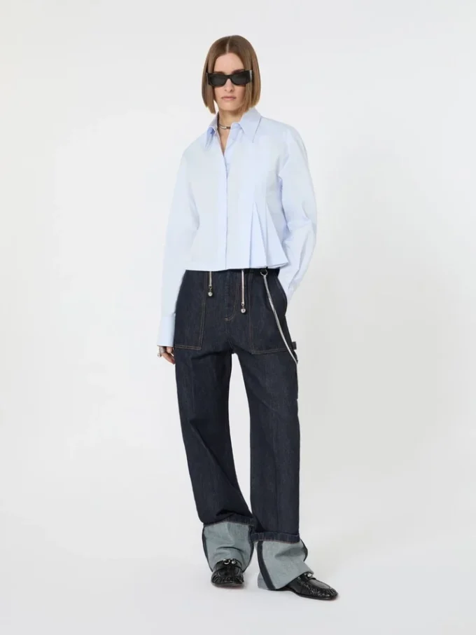 Cropped poplin shirt with asymmetrical pleats, avio