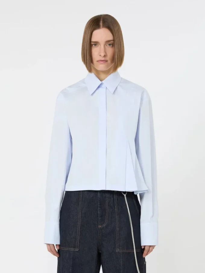 Cropped poplin shirt with asymmetrical pleats, avio