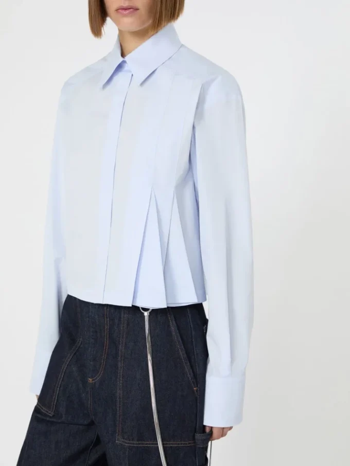 Cropped poplin shirt with asymmetrical pleats, avio