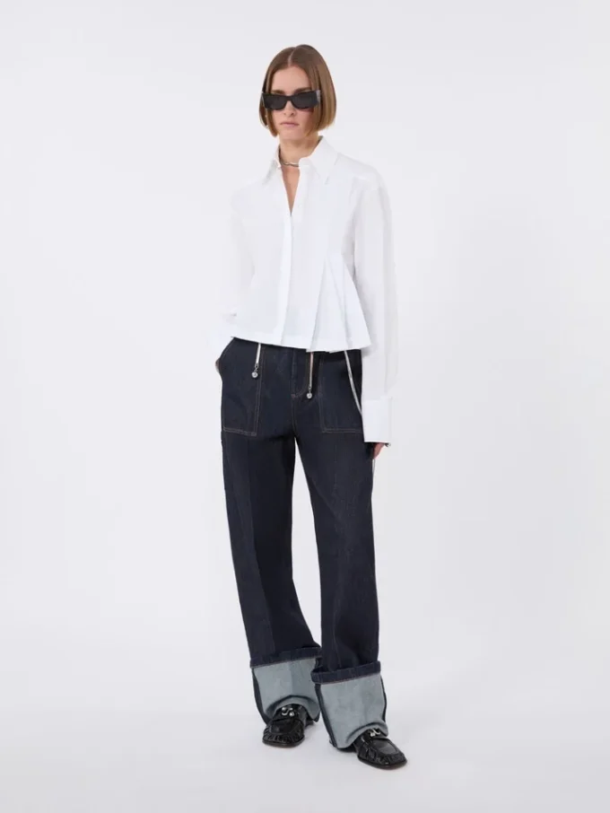 Cropped poplin shirt with asymmetrical pleats, optical white