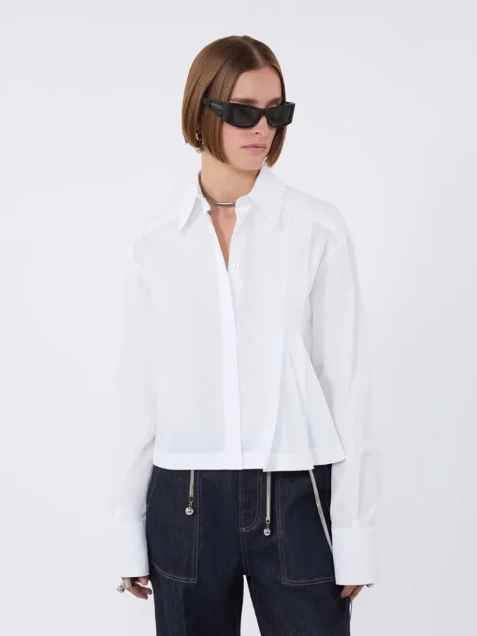 Cropped poplin shirt with asymmetrical pleats, optical white