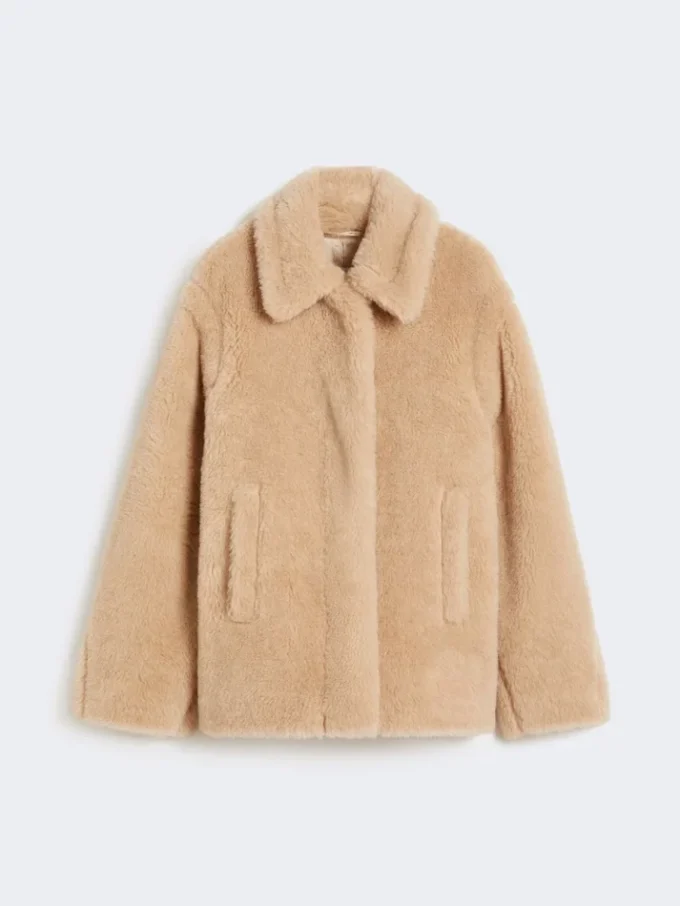 Cropped teddy coat in alpaca and wool, albino