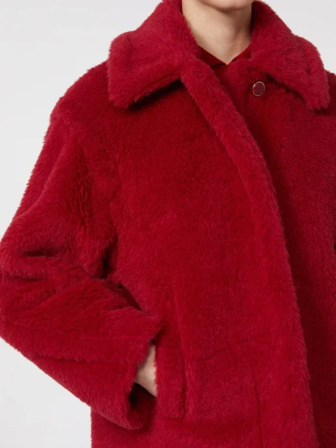 Cropped teddy coat in alpaca and wool, red