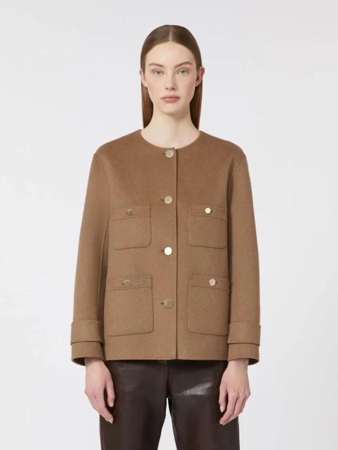 Cropped wool broadcloth jacket, camel