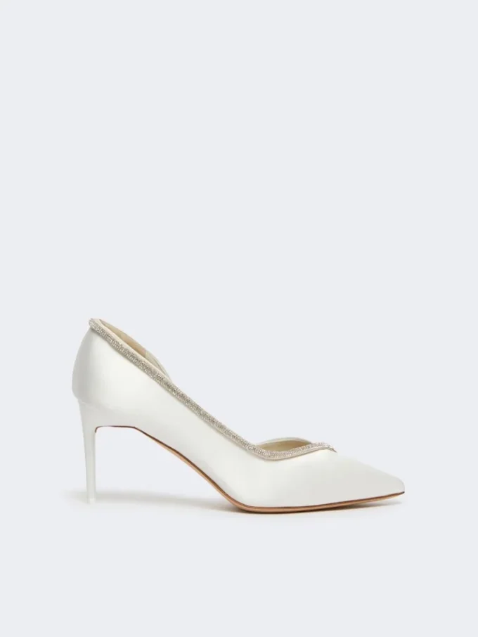 Crystal-adorned satin court shoes, ivory