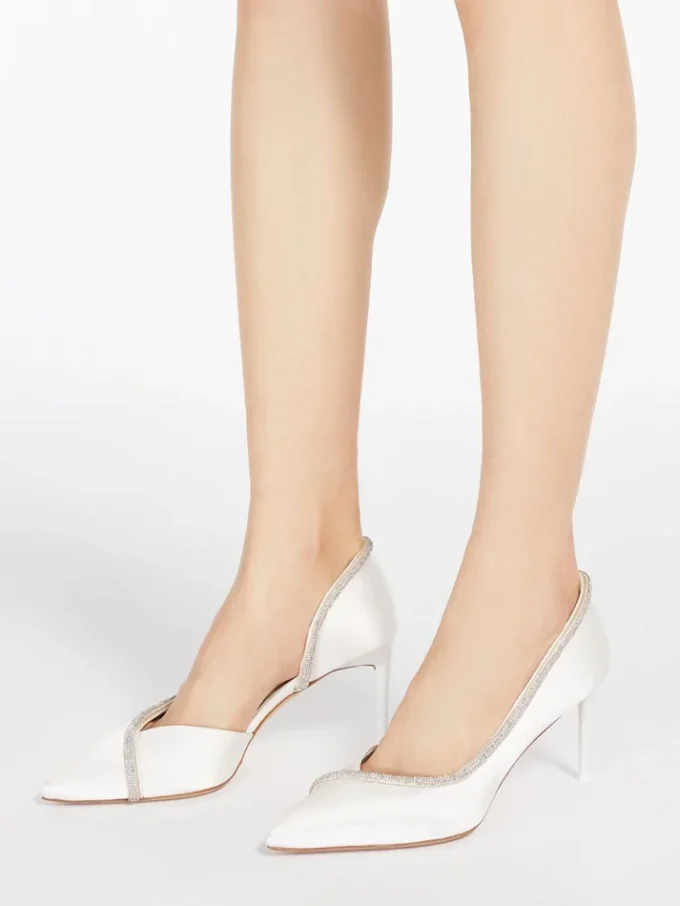 Crystal-adorned satin court shoes, ivory