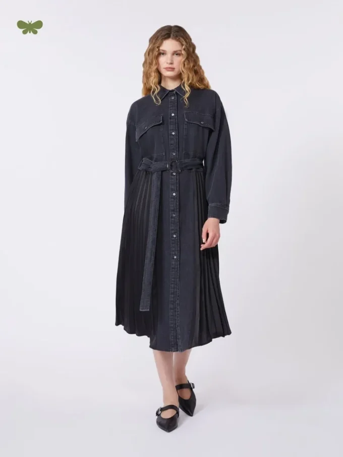 Denim and satin shirt dress, black Denim and satin shirt dress, black
