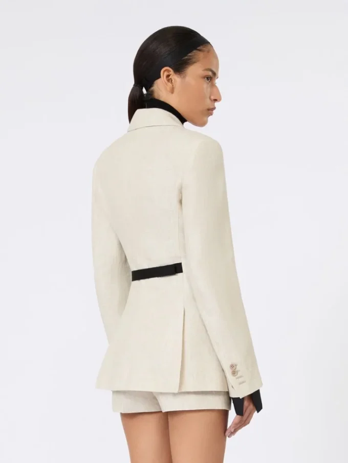 Double-breasted blazer in linen drill, sand