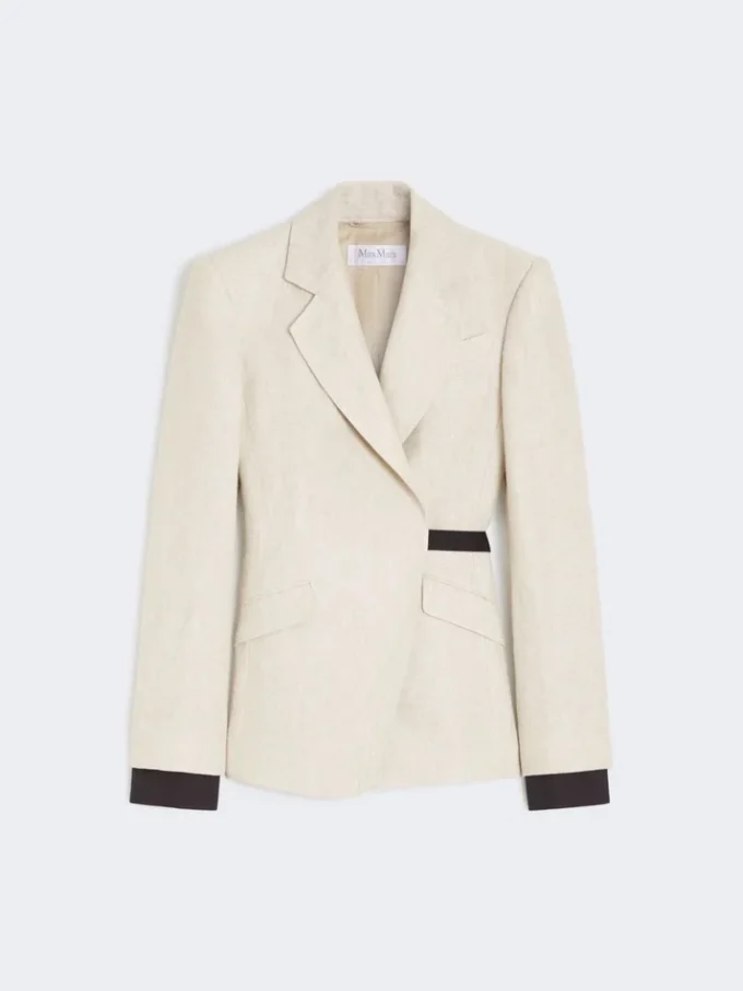 Double-breasted blazer in linen drill, sand