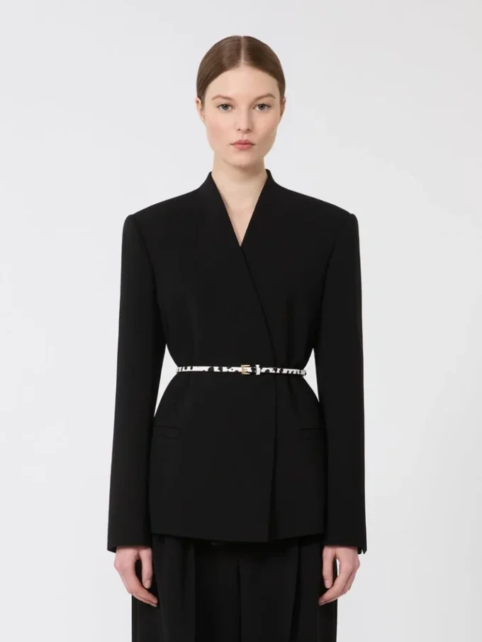 Double-breasted cady jacket with belt, black