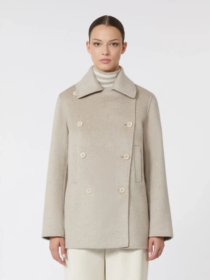 Double-breasted cashmere pea coat, sand