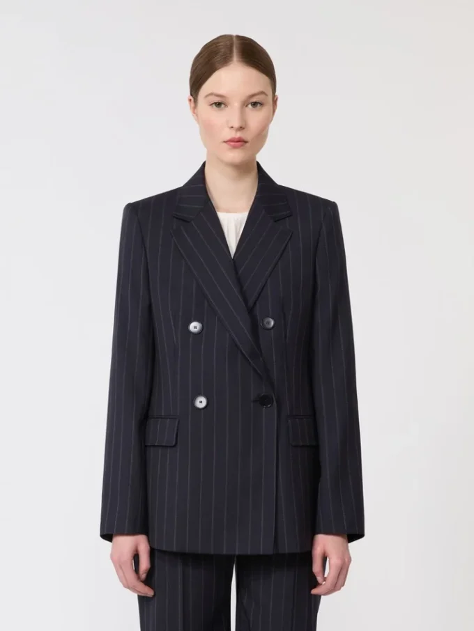 Double-breasted pinstripe wool blazer, navy Double-breasted pinstripe wool blazer, navy