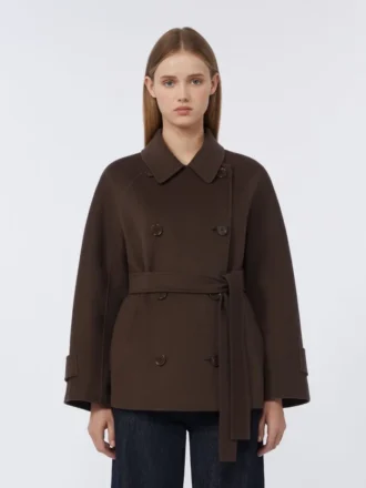 Double-breasted pure-wool cropped coat, chocolate