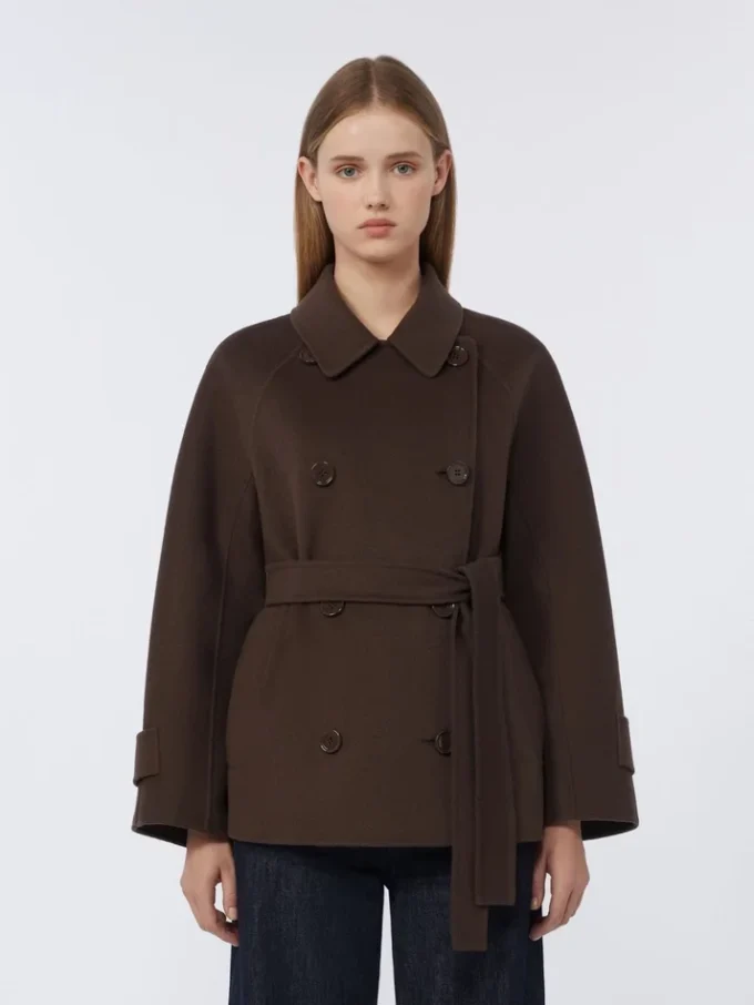 Double-breasted pure-wool cropped coat, chocolate