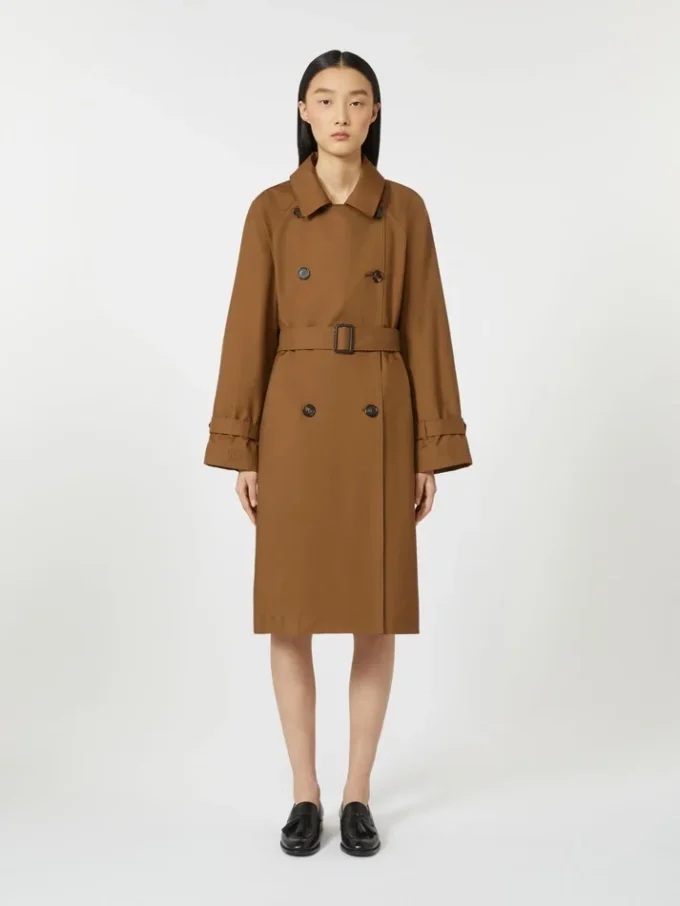 Double-breasted water-repellent twill trench coat, tobacco