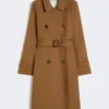 Double-breasted water-repellent twill trench coat, tobacco