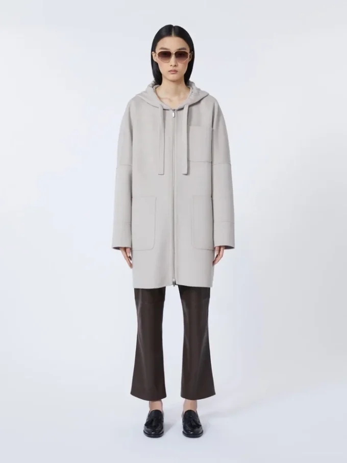 Double-faced wool hooded coat, beige