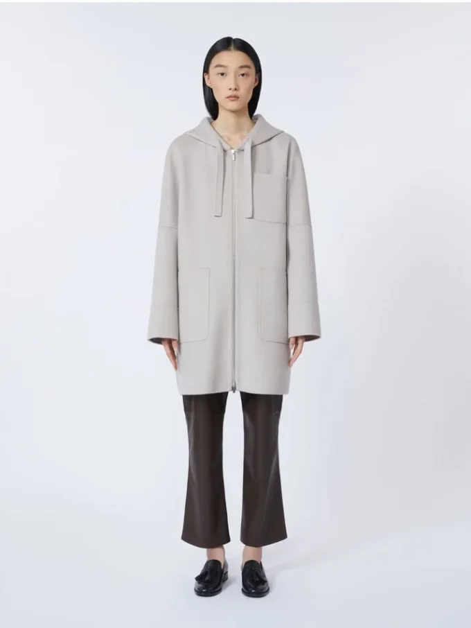 Double-faced wool hooded coat, beige
