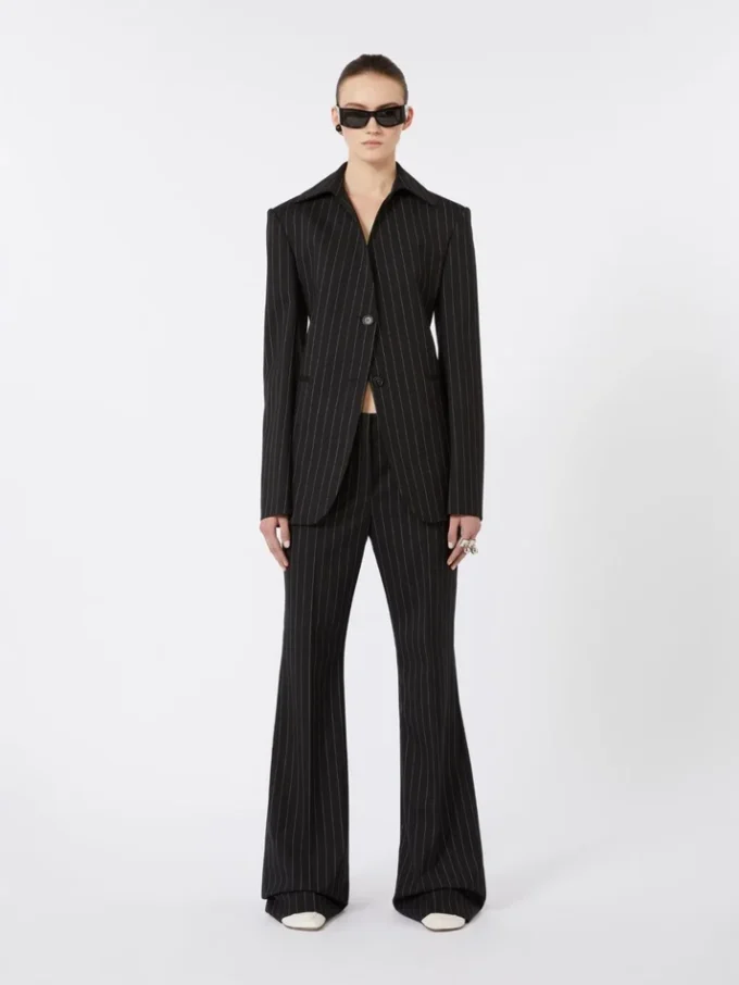 Flared pinstripe wool trousers, black