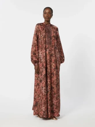 Flared printed silk dress, bordeaux