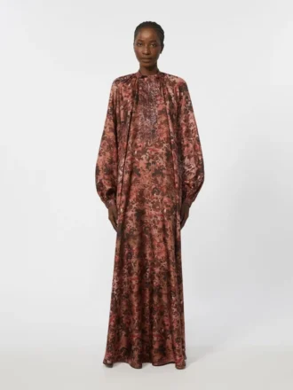 Flared printed silk dress, bordeaux