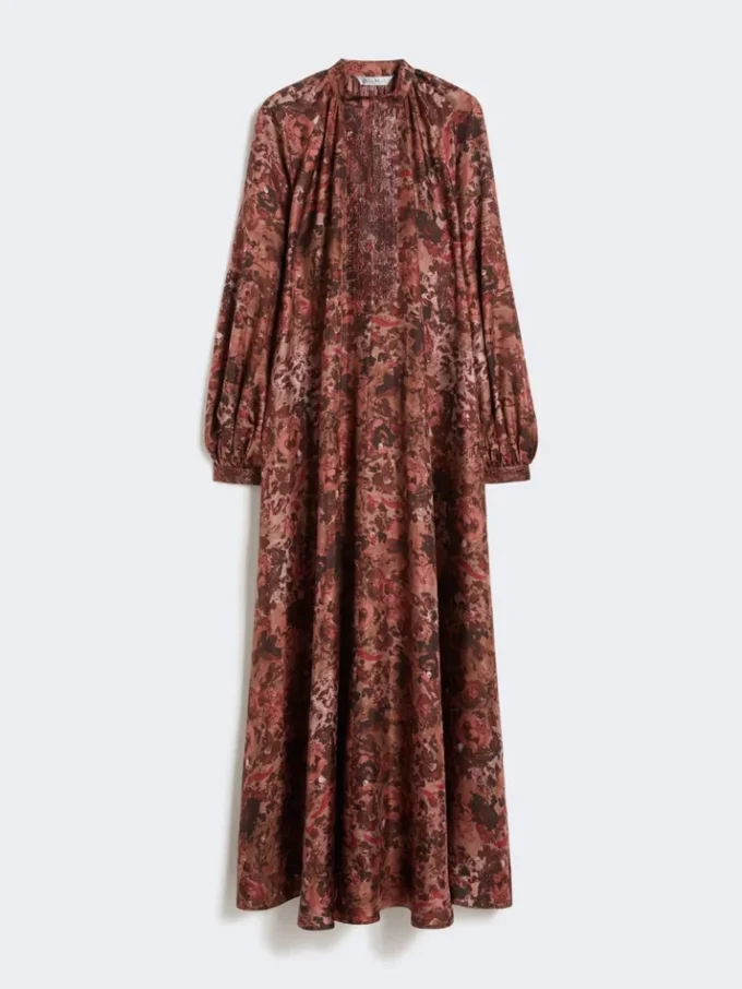 Flared printed silk dress, bordeaux