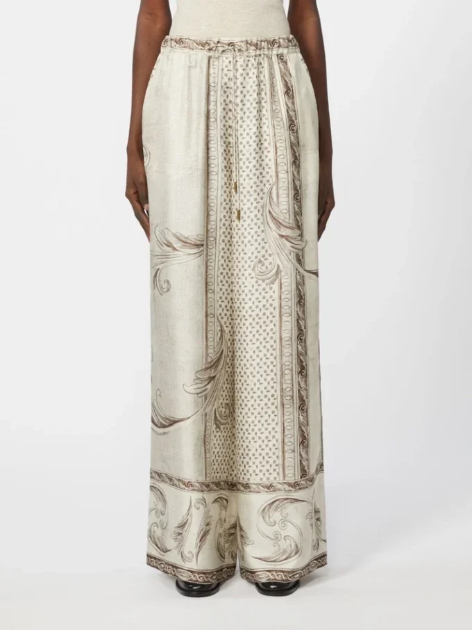 Fluid printed silk trousers, ivory