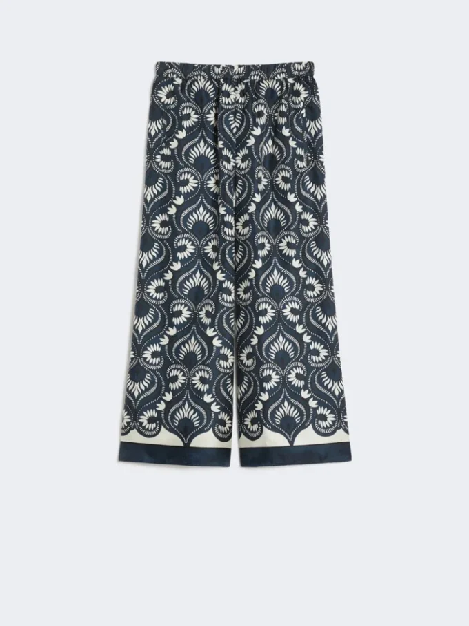 Fluid printed silk trousers, navy