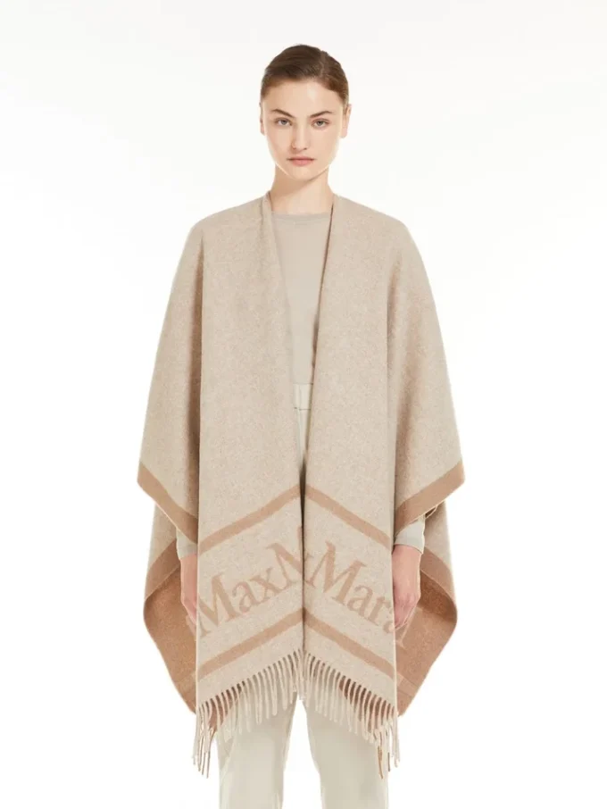 Jacquard wool poncho, beige