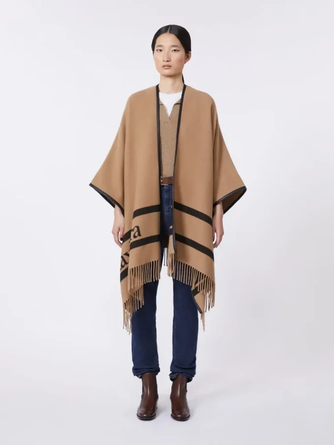 Jacquard wool poncho, camel