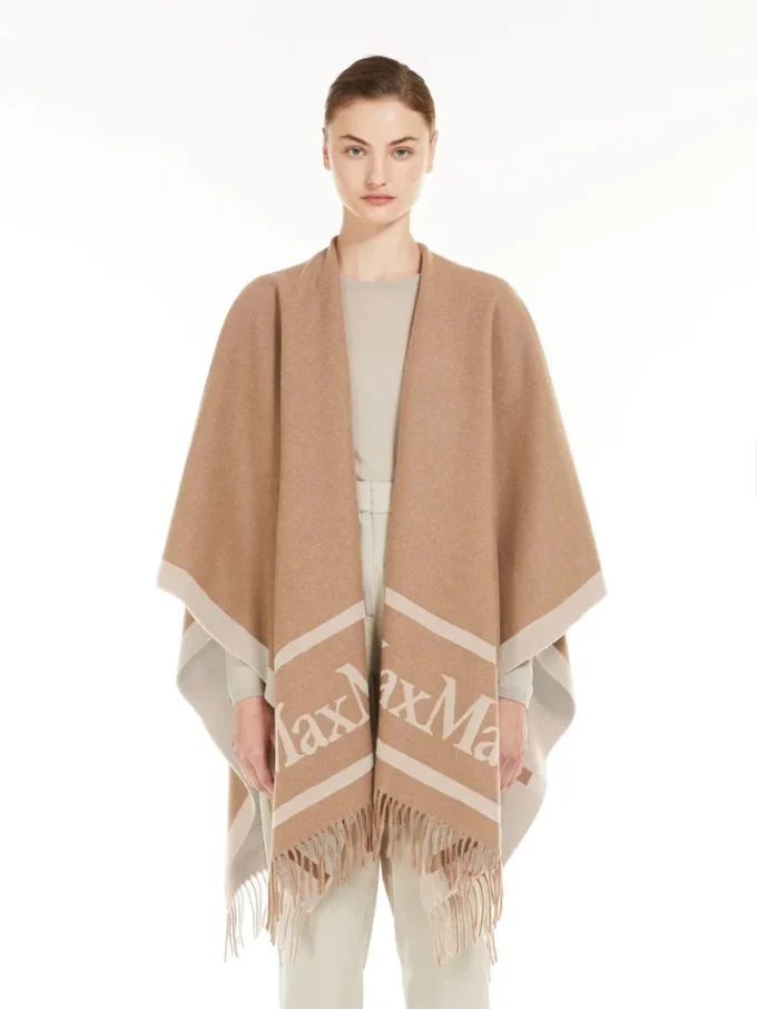 Jacquard wool poncho, camel